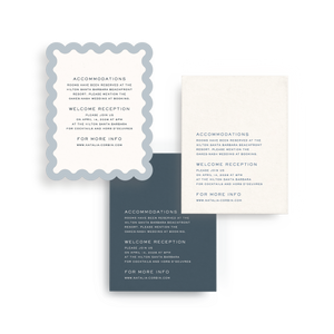 Two wedding invitation cards with scalloped edges on a white background