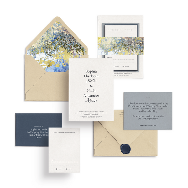 Curated 3 or 5-Piece Invitation Suite Set (Capri Collection - Spring Blues and Tan)