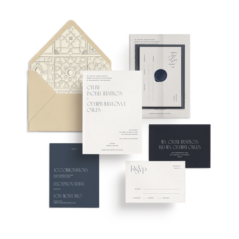 Curated 3 or 5-Piece Invitation Suite Set (Tivoli Collection - Tan and Blue)